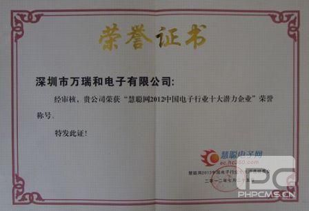 电子行业十大潜力企业荣誉证书
